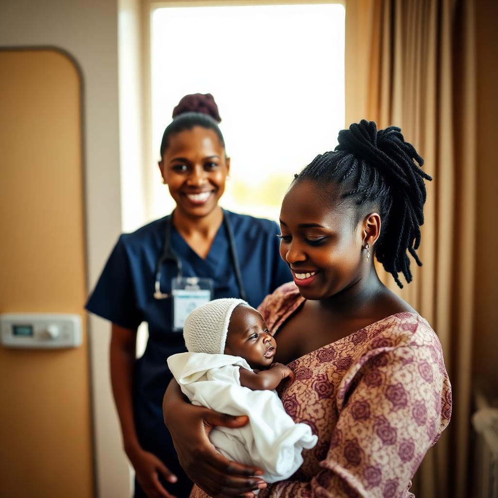 New mother holding her baby while a midwife at Ultima Consult looks on