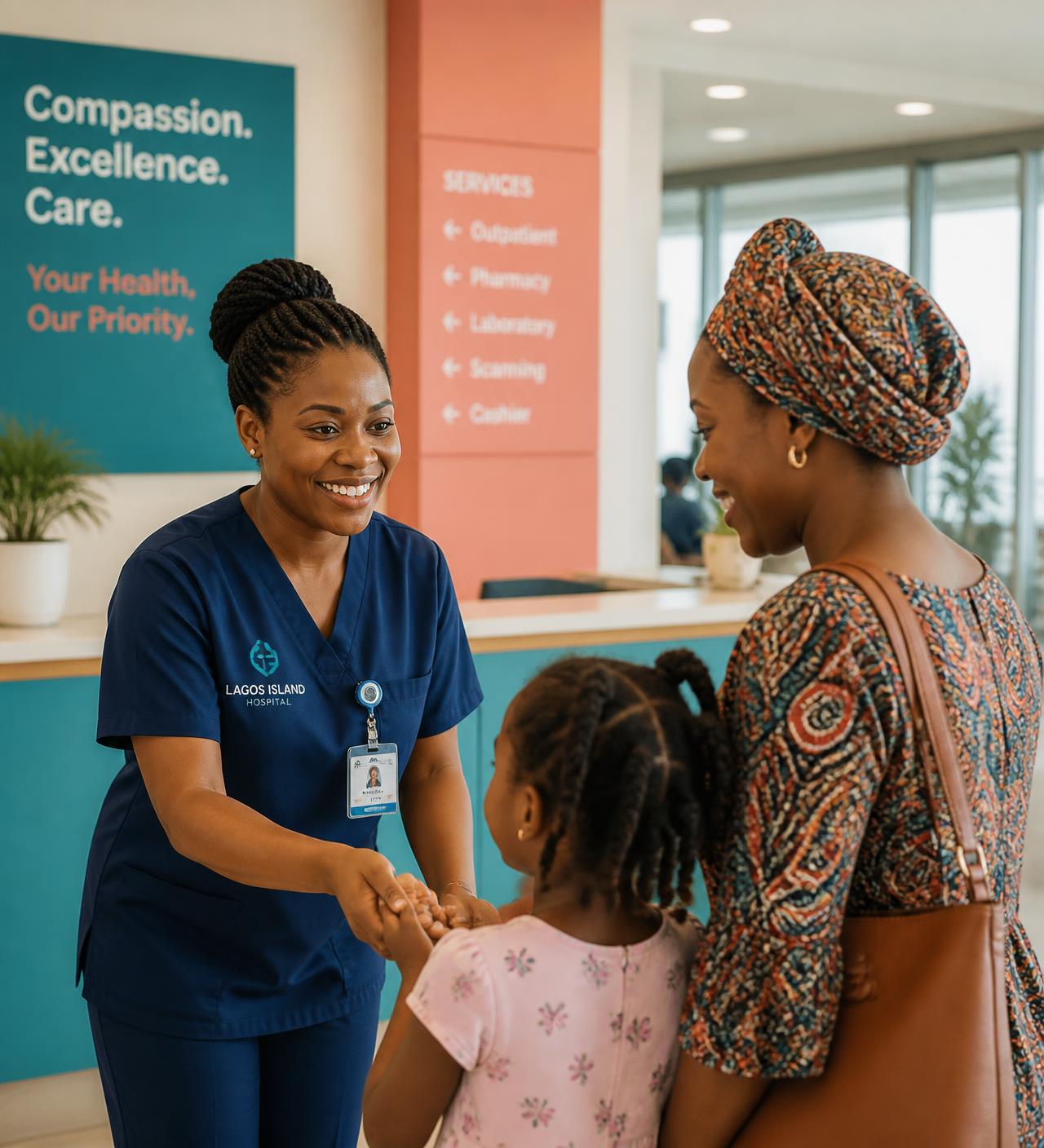 Nurse at Ultima Consult welcoming a mother and her child at the hospital reception